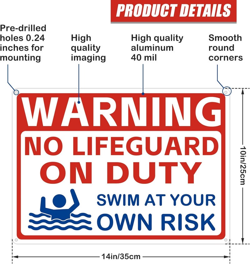 AzReference Warning No Lifeguard On Duty Large Sign, 10x14 Inches Swim at Your Own Risk Pool Metal Signs Legal, Rust Free .040 Aluminum, for Pools Beach Water Parks Outdoor - Image 2